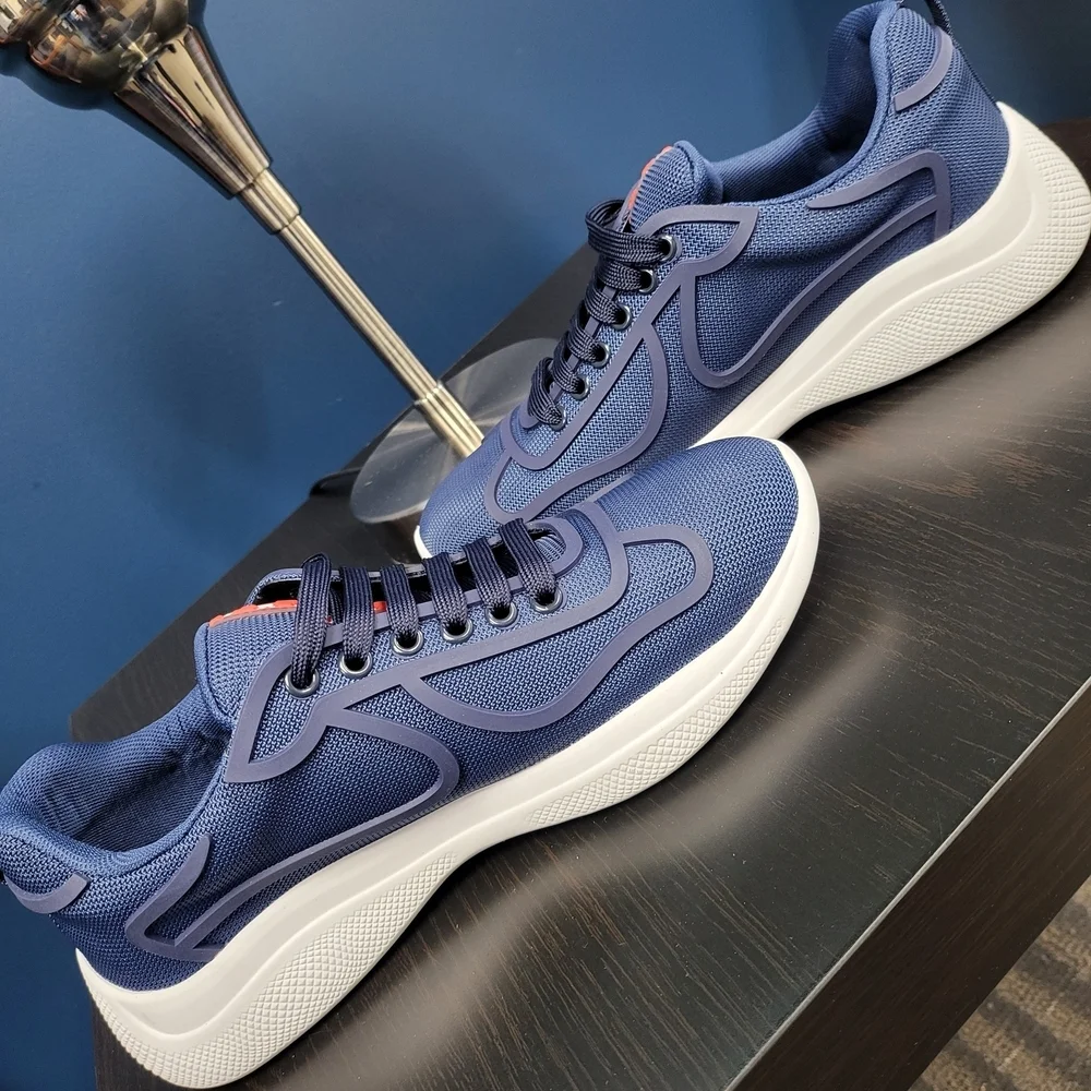 Prada Americas Cup Rubber-Trimmed Mesh Sneakers Blue/white..Size 40